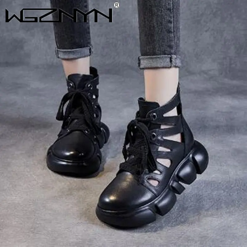 

Женские босоножки в стиле ретро, кожаные ботильоны на толстой подошве и среднем каблуке, с прорезями, весна-лето 2023