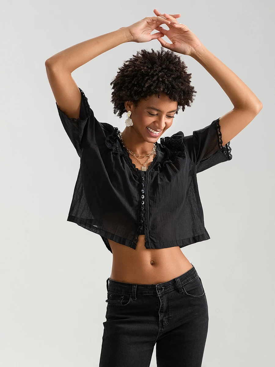 Женские рубашки с коротким рукавом кружевные модные блузки на пуговицах