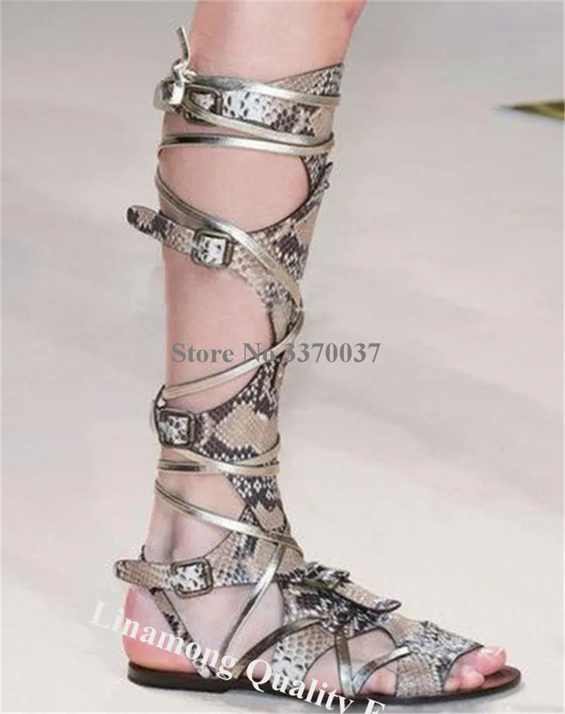 Patchwork Straps Cross Flat Gladiator Boots Linamong Western Style Gold Brown Mixed-color Knee High Beach Shoes Long Flat Sandal