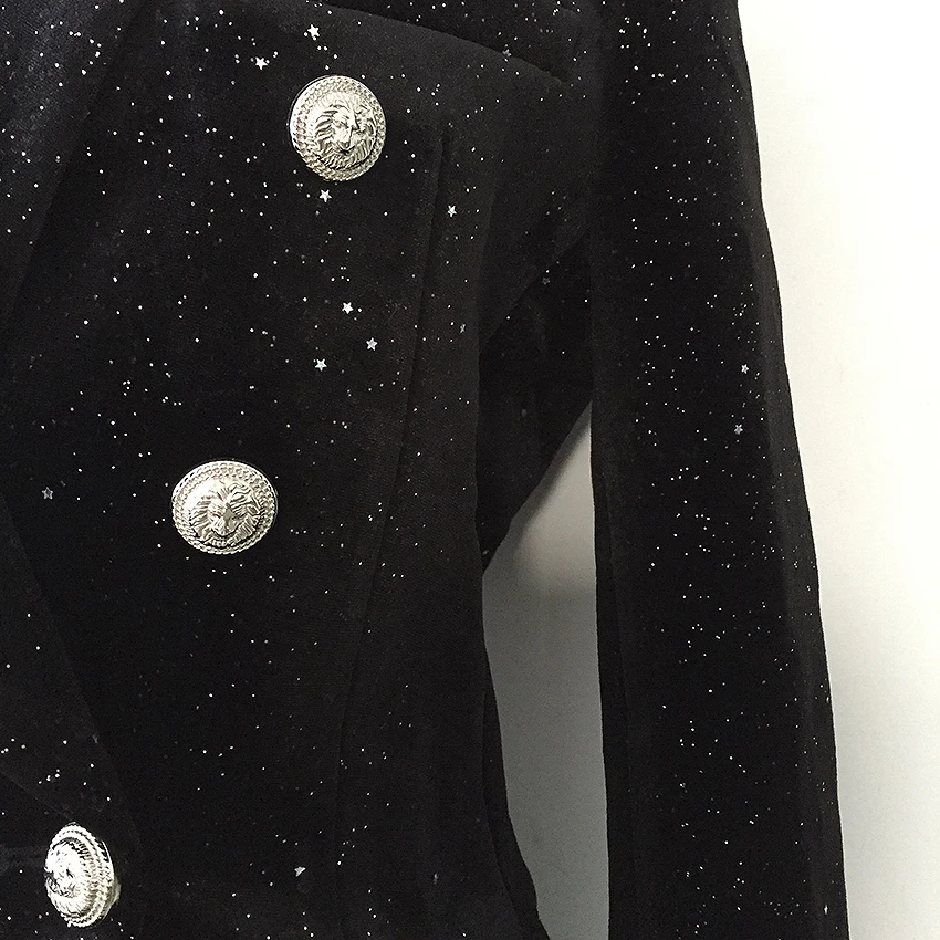 HIGH QUALITY New Fashion 2023 Fall Winter Designer Blazer Women's Lion Buttons Sheer Star Silver Glitter Velvet Blazer Coat