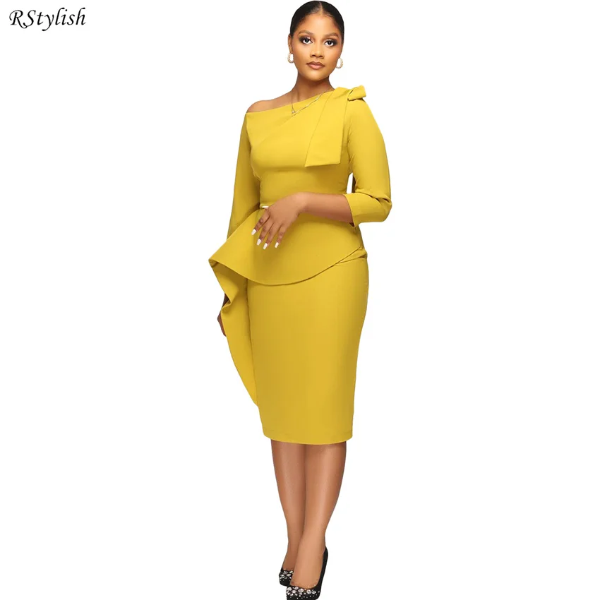 Купи Fall Clothes Solid Dresses For Women 2022 Skew Collar 3/4 Sleeves Ruffles Peplum Elegant Office Ladies Package Hip Modest Dress за 791 рублей в магазине AliExpress