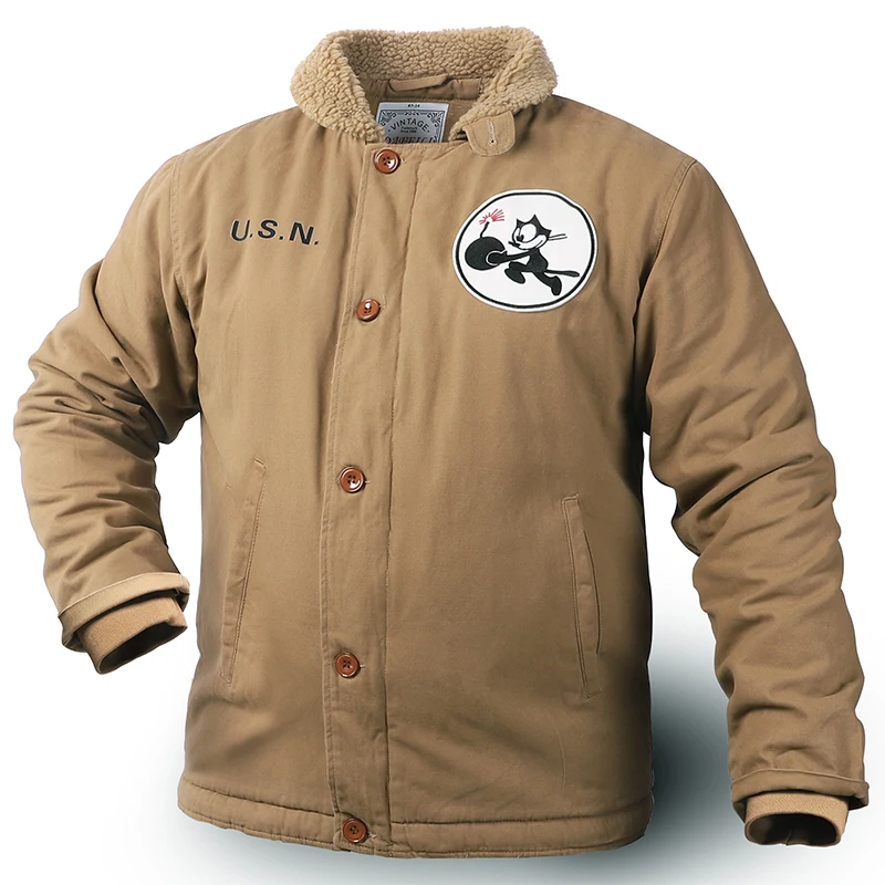 MATA FETYAN Mens airsoft M65 N1 Teddy Bear Sherpa Collar Varsity Zip Up Deck Jacket USN Vintage Military Winter Coat Thick Khaki