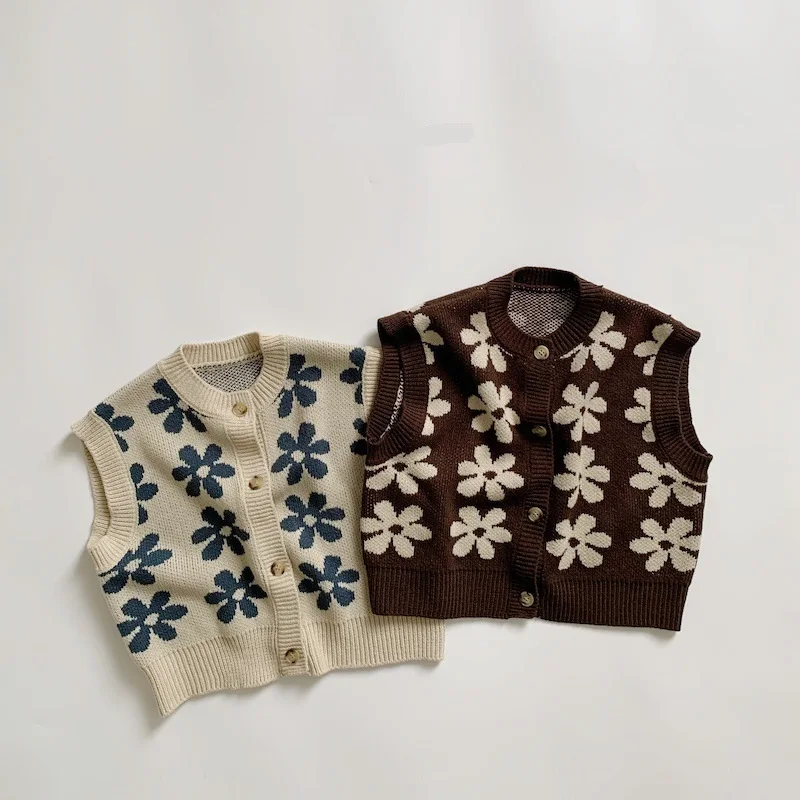 

Spring Autumn Fashion Baby Sweater Waistcoat Single-breasted Girls Floral Knitted Vest For 1-8 Years