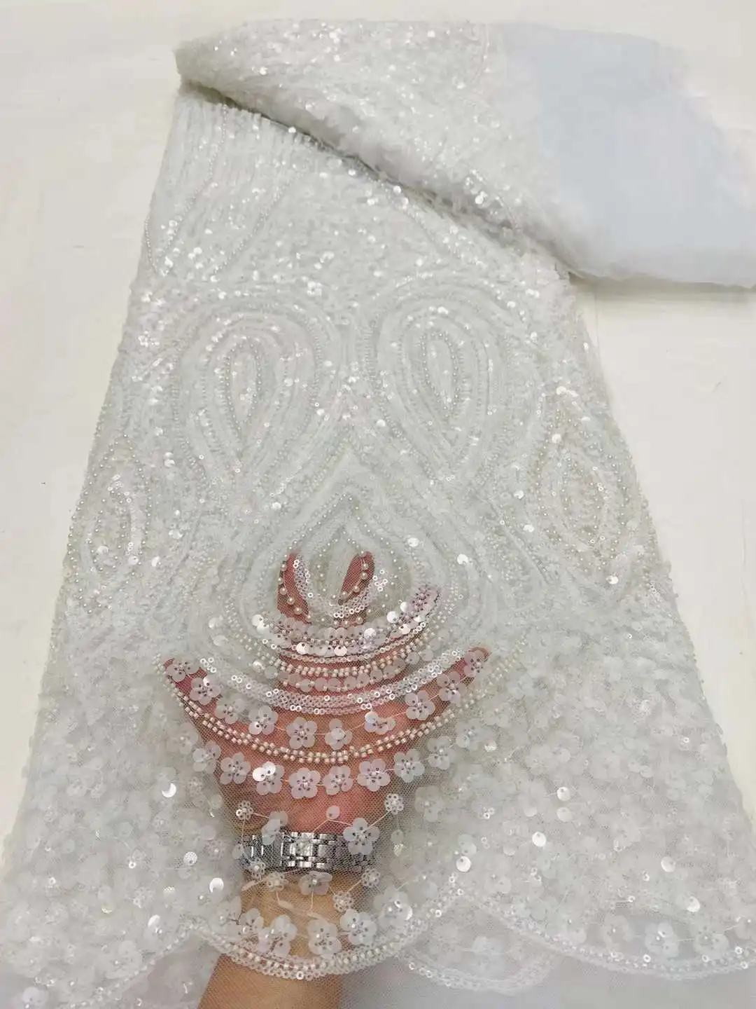 Высококачественная кружевная ткань из бисера для свадьбы материал белого