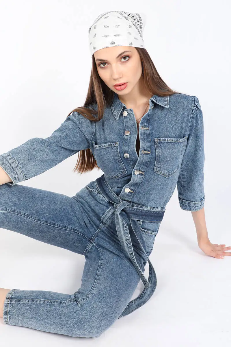 

Women's Belted Jean Overalls Trousers Blue Buttoned Pocket Short Sleeve Detailed