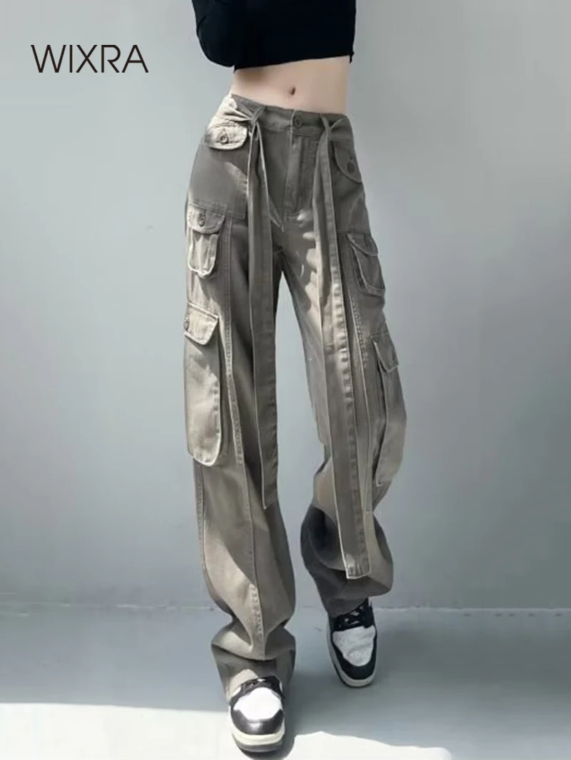 Wixra Women Cargo Pants With Sashes Classic Vintage High Waist Package Casual Female Loose Denim Wide Leg Trousers