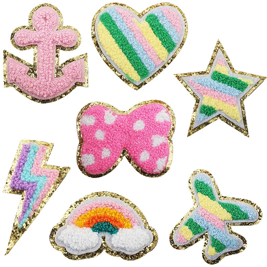 

Rainbow Heart Love Patches Towel Chenille Embroidery Garment Applique Iron On Patch For Clothing Supplies Decorate Accessories