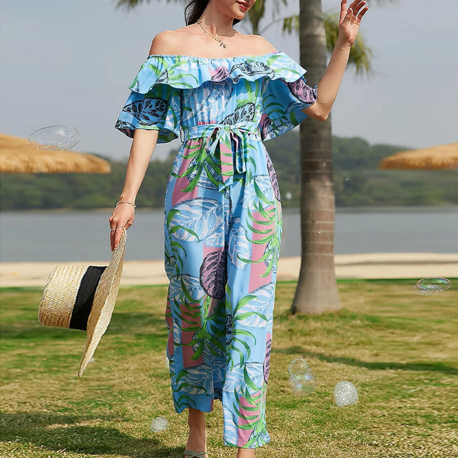 

Floral Printed Short Sleeve Jumpsuit Off Shoulder Loose Trousers Romper Lace Up Elegant Casual Ruffle for Seaside Vacation