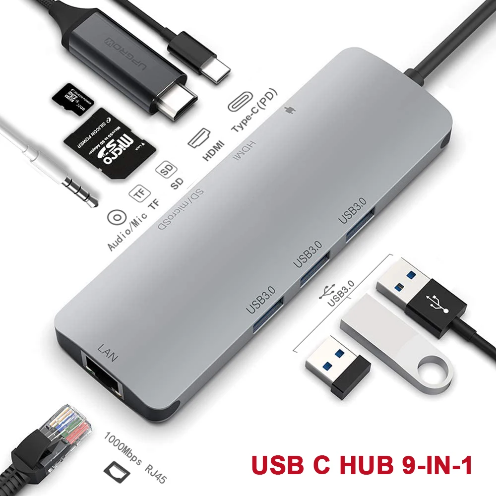 

USB C Hub,9-in-1 Type C Adapter with Gigabit Ethernet 4K HDMI USB 3.0 SD/TF PD Audio USB Splitter for Apple Mac Pro/Air Laptops