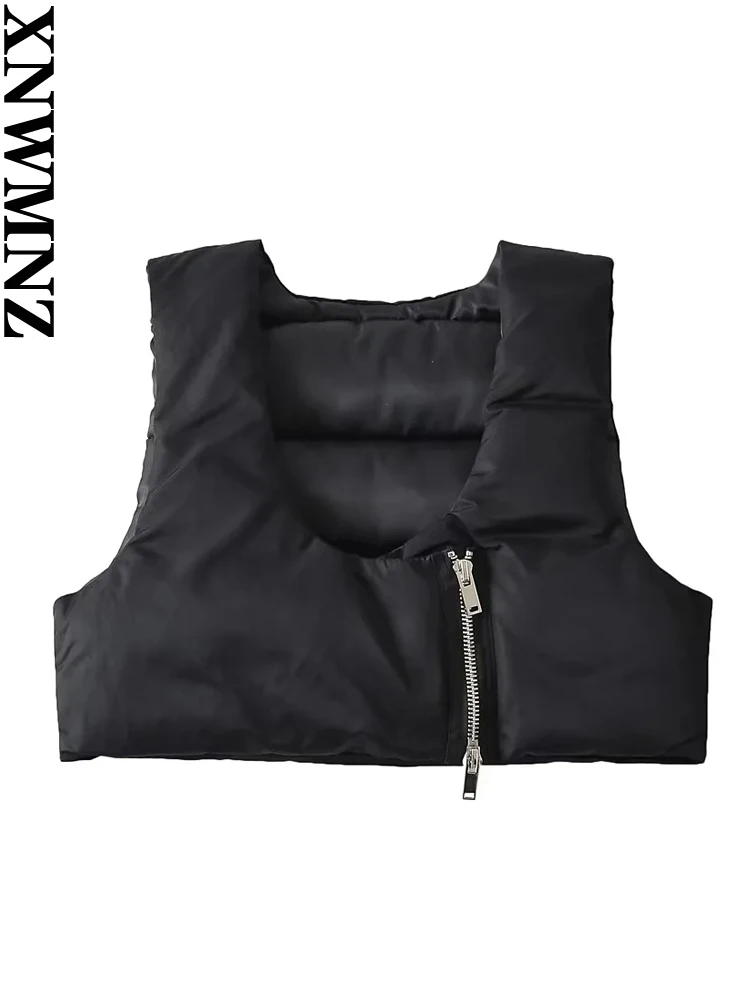 

XNWMNZ 2022 женская мода черный стеганый жилет с одинарной молнией куртка женская уличная универсальная короткая жилетка куртка
