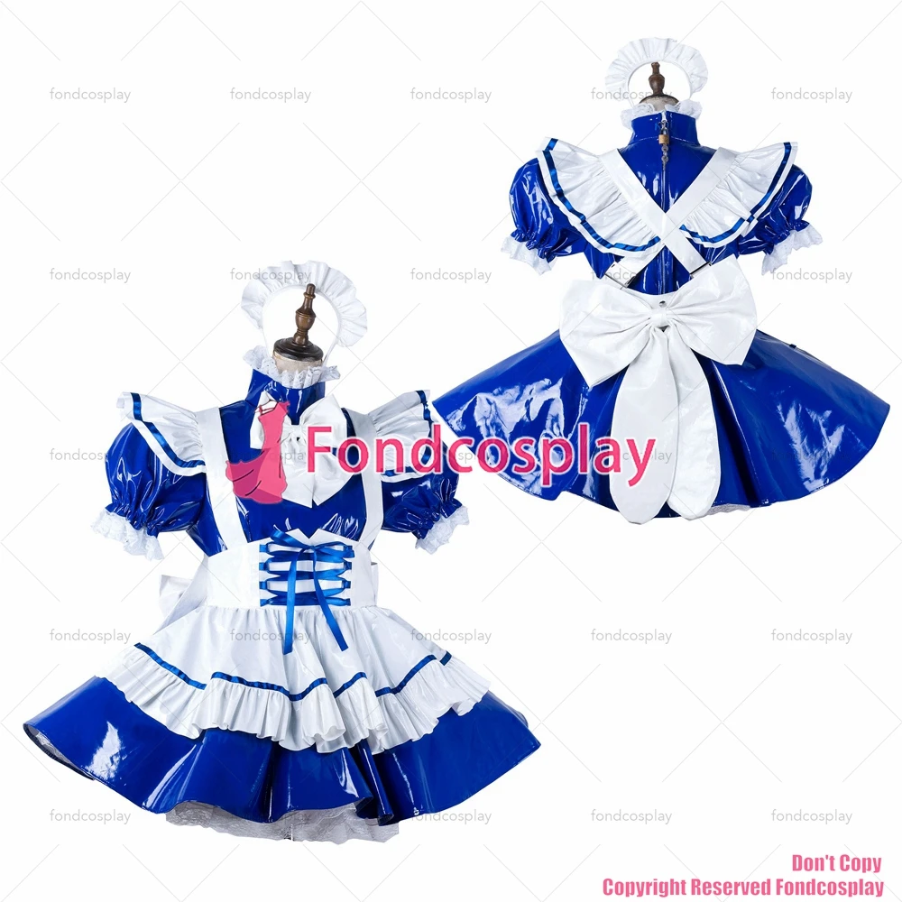 

Сексуальная одежда для взрослых fondcosplay, ярко-синяя тяжелая одежда из ПВХ, Запираемая униформа, белый фартук, костюм для CD/TV[G2209]