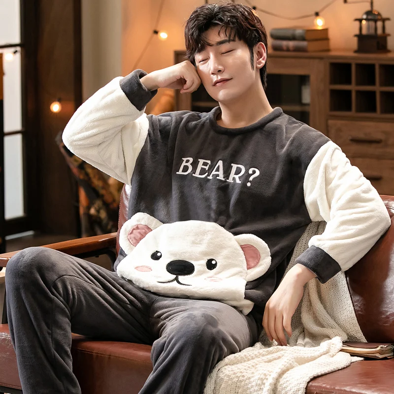 

2023 Winter Long Sleeve Thick Warm Flannel Pajama Sets for Men Coral Velvet Cute Cartoon Sleepwear Suit Pyjamas Homewear Clothes