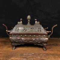9 tibetan temple collection old bronze cinnabar mud gold two dragons playing pearls auspicious eight treasures incense burner