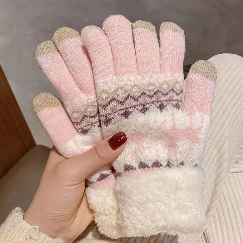 

Winter Full Finger Gloves Touch Screen Thicken Knitted Cashmere Plush Soft Gloves Snowflake Elk Mittens Gloves Keep Warm Glove