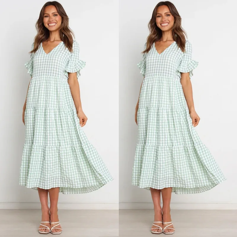 

Women Dress Summer and Spring Sexy V-neck Short-sleeved Green Plaid Casual Temperament Commuter Fashion Puff Sleeves Loose Dress