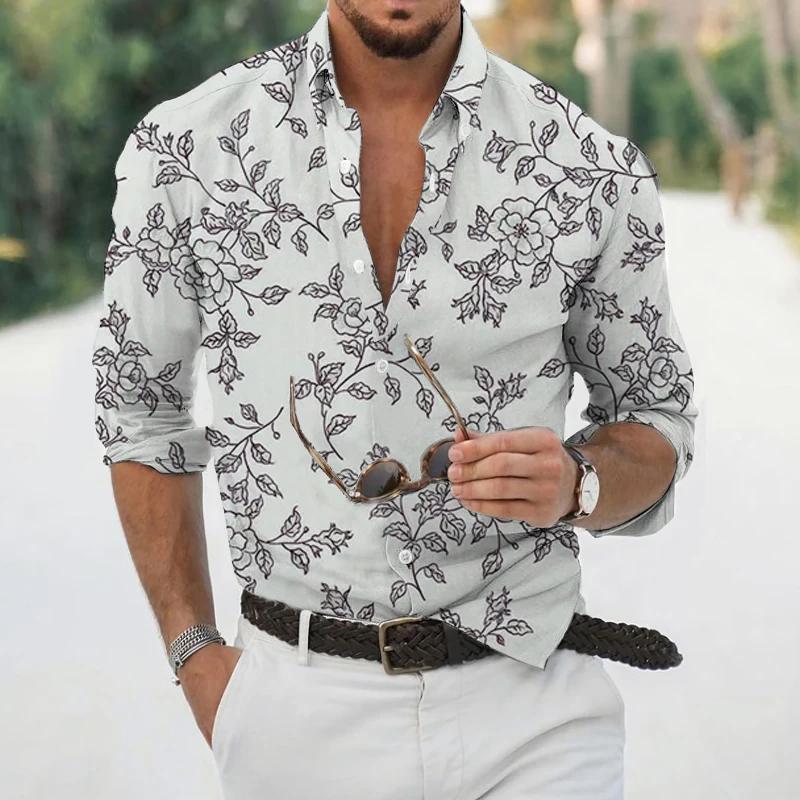

Hot Sale Spring Autumn Shirt Men's Slim Long Sleeve Floral Digital Print Shirt Men Social Club Prom Shirt S-4XL