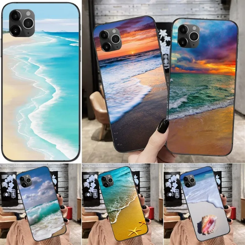 

Чехол для телефона с изображением пляжного пейзажа заката для IPhone 14 13 12 11 XS X 8 7 6 Plus Mini Pro Max SE 2022, мягкий черный чехол для телефона