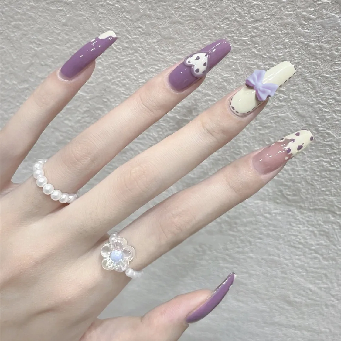 

24pcs Detachable Purple Point False Nail Long Ballet Bow Decal Head Full Cover Fake Nails Butterfly Press On Nails Wearable Tips