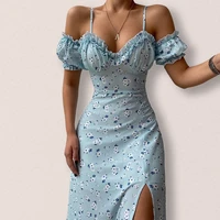 in the summer of 2022 the new european and american womens temperament suspender dress with long split irregular floral dress