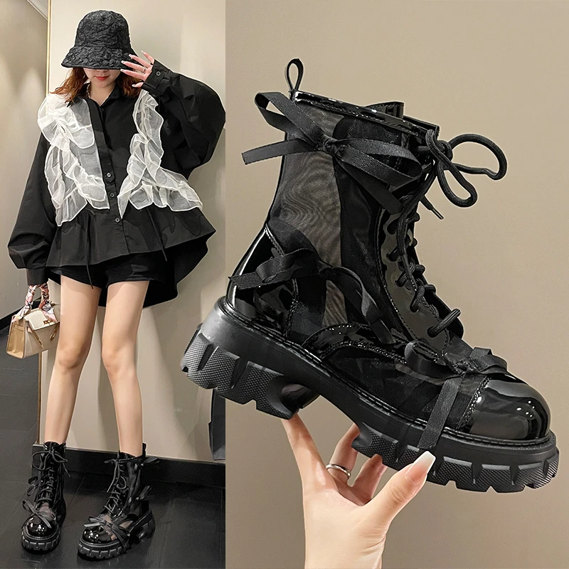 

Luxury 2022 Summer Fashion Chelsea Boots For Women Short Booties Breathable Mesh Chunky Heels Platform Female Shoe