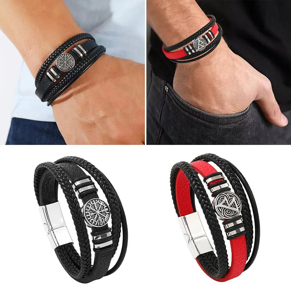 

Alloy Leather Bracelet New Magnet Buckle Multilayer Wrist Jewelry Simple Compass Braided Chain Bracelet Men