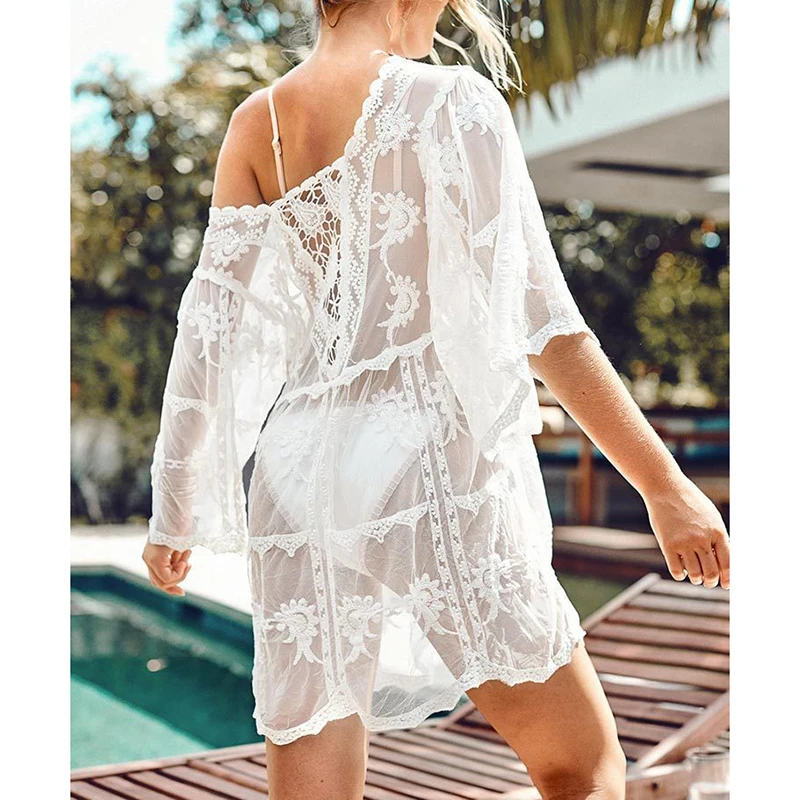 Женская накидка на бикини 2022 однотонное шифоновое кружевное пляжное платье