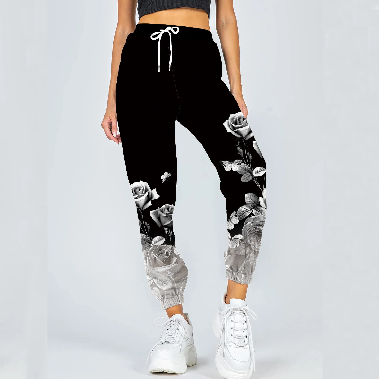 

Women Vintage Floral Print Patchwork Pants Comfy High Waist Workout Athletic E-girl Lounge Joggers Pencil Pants Pocket Trousers