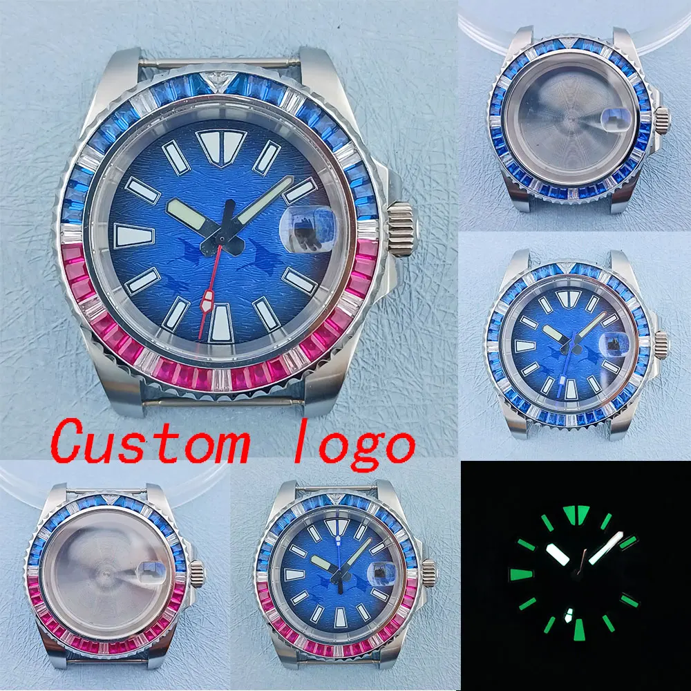 

NH35 case 40mm stainless steel sapphire glass colored diamond case custom logo watch with luminous dial NH35 movement strap