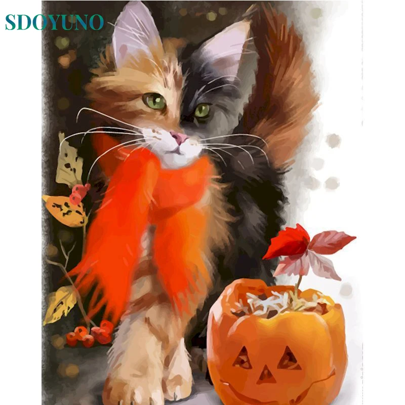 

SDOYUNO Oil Painting By Numbers Halloween Animal Cat For Adults Kit Acrylic Paint Coloring By Numbers On Canvas Home Decor