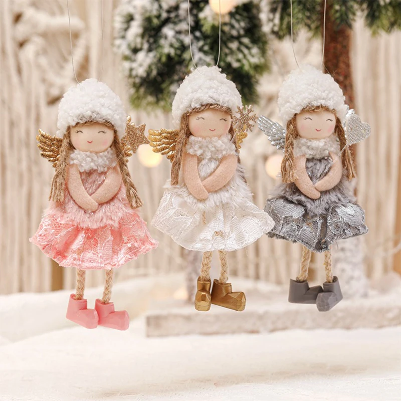 15cm New Year Gifts Christmas Lace Cute Sparkling Angel Doll Xmas Tree Small Pendant Lifting Snowflake Girl Window Decoration