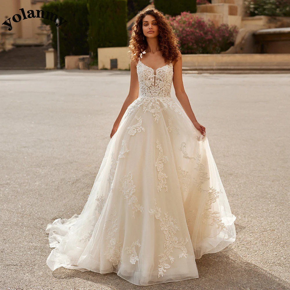 

YOLANMY Classic Wedding Dresses Scoop A-Line Spaghetti Straps Appliques Bridal Gown Vestido De Casamento Customised For Women