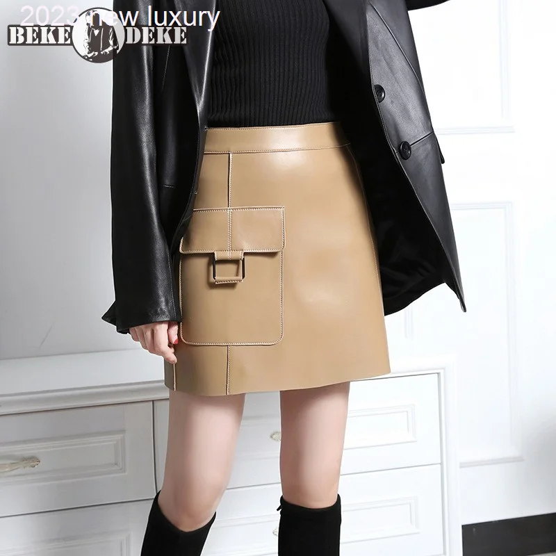 

Women Genuine New Leather Skirt High Waist Zip Straight Solid A Line Skirts Streetwear Female Pocket Sheepskin Cargo Mini Skirt