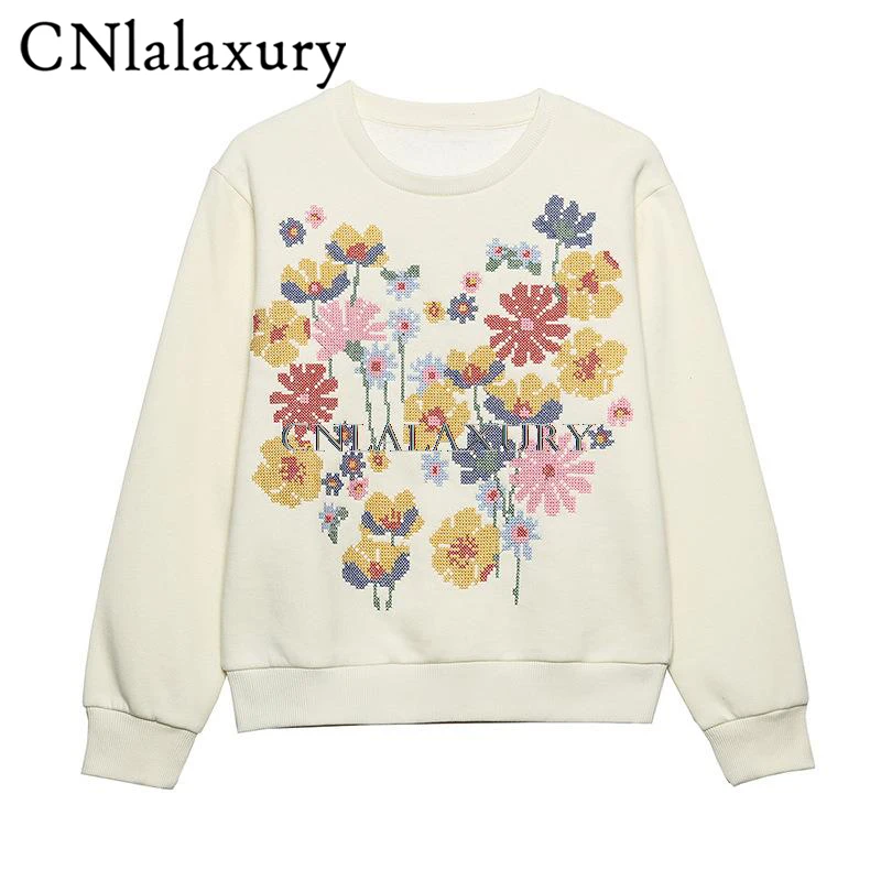 

CNlalaxury 2022 Women Fashion Floral Embroidered Casual Fleece Sweatshirts Female Basic Long Sleeve Hoodies Chic Pullovers Tops