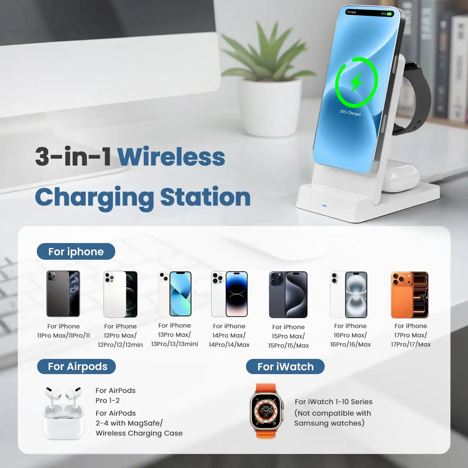Фото Магнитная беспроводная зарядная станция 3-в-1 для iPhone 17 16 15 14 13 12, iWatch, AirPods Pro 4 3 2, складная, быстрая зарядка №5
