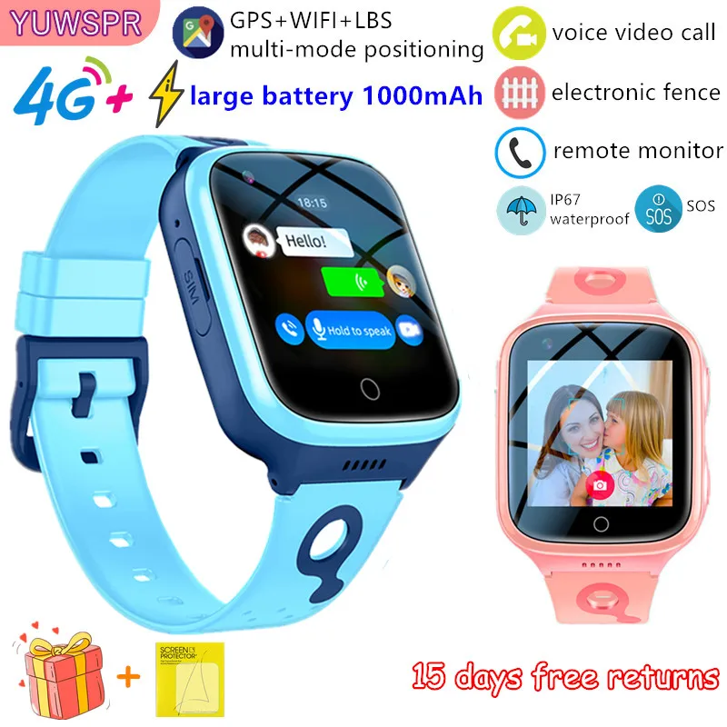 4G Kids Smart Watch Phone 1000 мАч Водонепроницаемый IP67 Видеозвонок SOS GPS LBS WIFI Местоположение