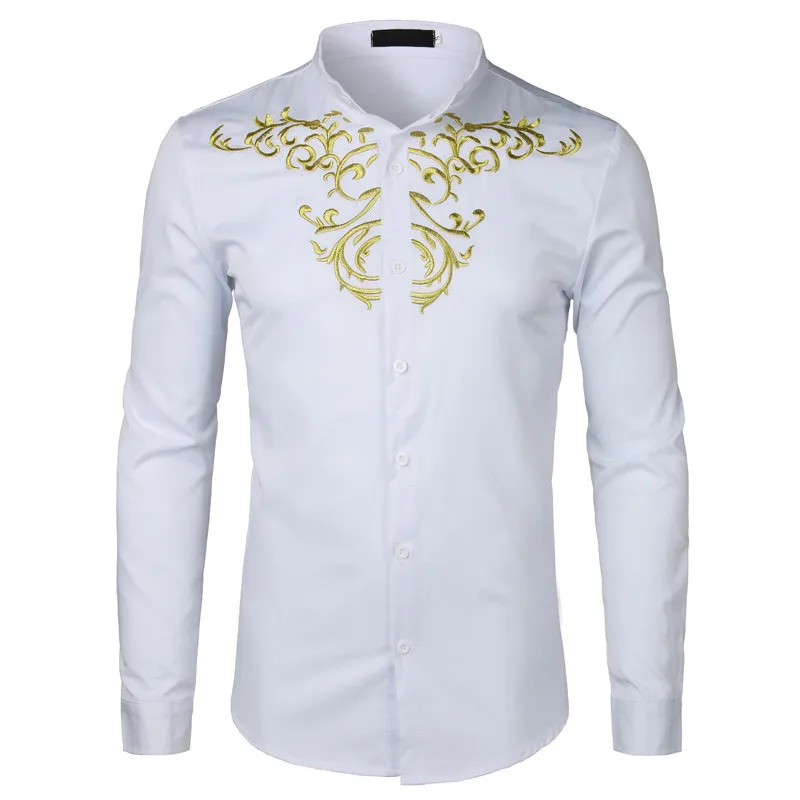 

Gold Flower Embroidery Shirt Men Long Sleeve Chemise Homme New Solid Color White Dress Shirts Mens Slim Fit Wedding Camisa