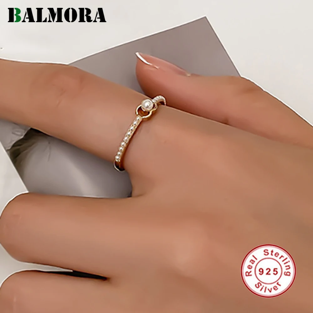 

BALMORA S925 Silver Simple Trendy Gold Pearl Adjustable Rings For Women Girl Fashion Designed Statement Anillos Jewelry Gift