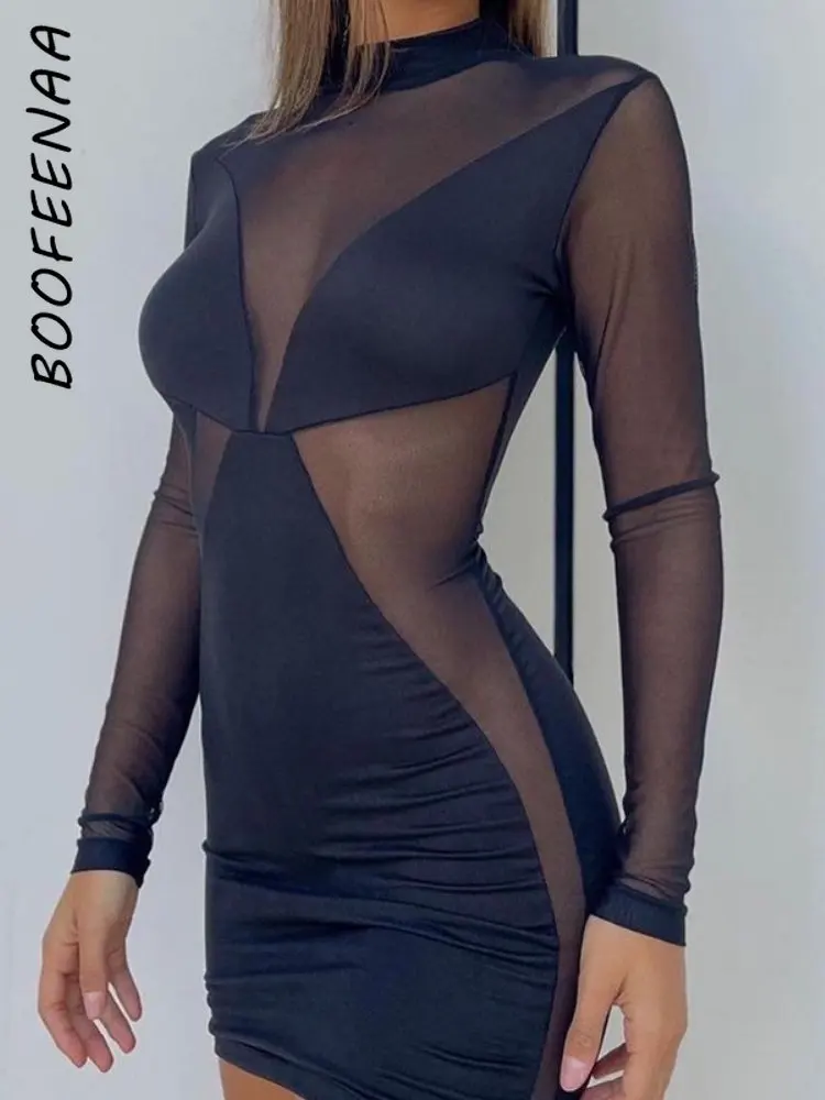 

Прозрачные черные платья BOOFEENAA, Сексуальные клубные сетчатые наряды, женское облегающее мини-платье с длинным рукавом, весна 2023