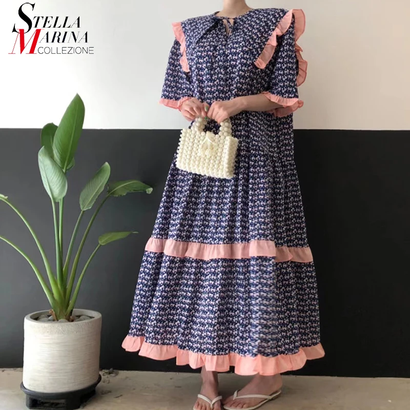 

Korean Style Woman Summer Blue Beige Printed Dress Short Sleeve Ruffles Decorated Young Girls Cute Wear Dress Robe Femme JA060