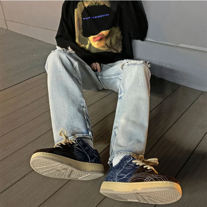 DEEPTOWN Hole Jeans Men Washed Zipper Denim Pants Plaid Streetwear Straight Trousers Male Fashion Hip Hop Loose Casual Spring