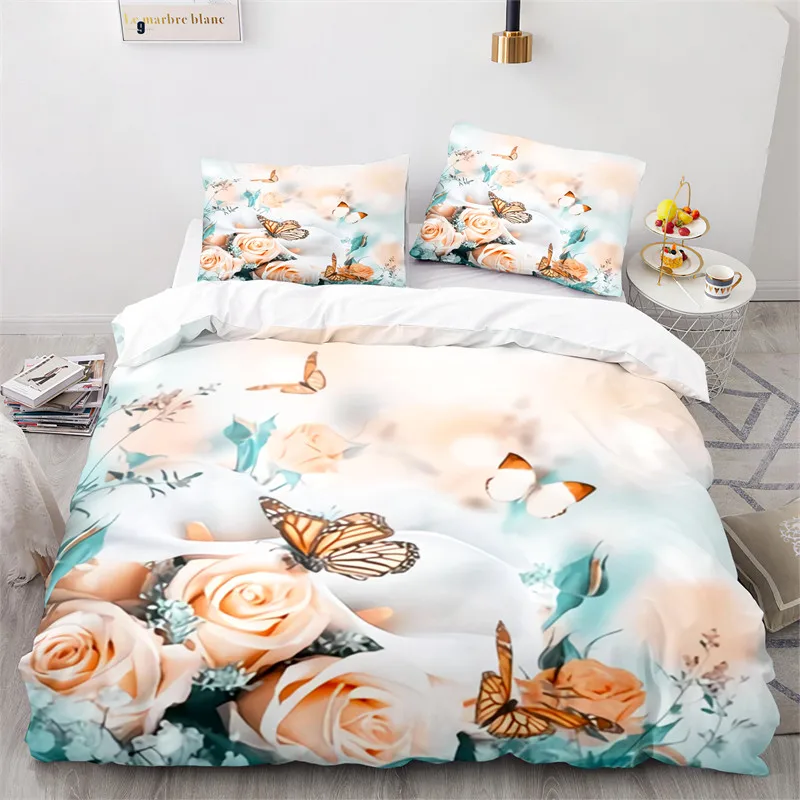 

Full King For Girls Teens Adults Bedroom Decor 3D Butterfly Duvet Cover Rose Flowers Bedding Set Microfiber Floral Quilt Cover