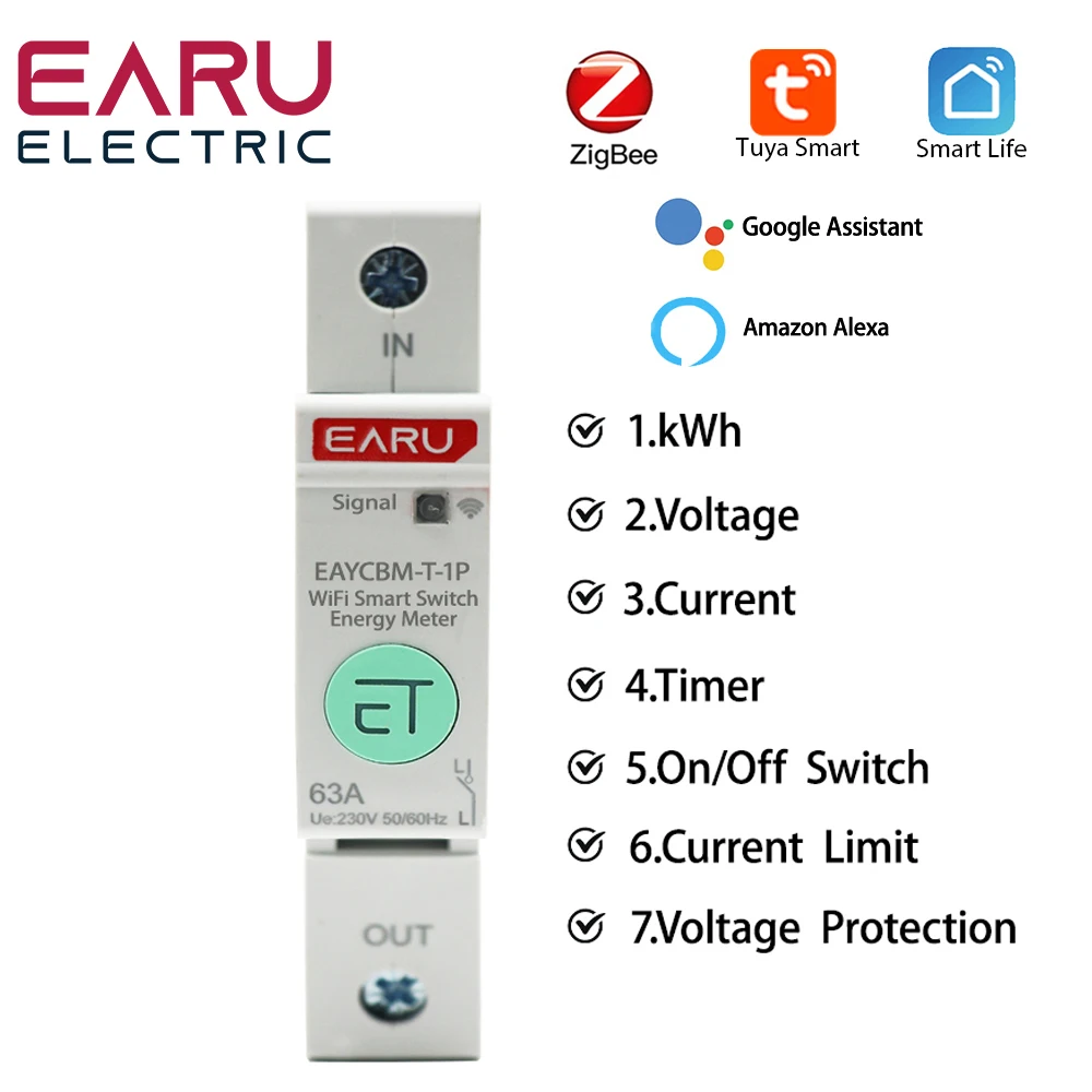 

1P TUYA APP Zigbee WIFI Smart Energy Power Consumption kWh Meter Circuit Breaker Time Relay Switch Leakage Voltage Protection