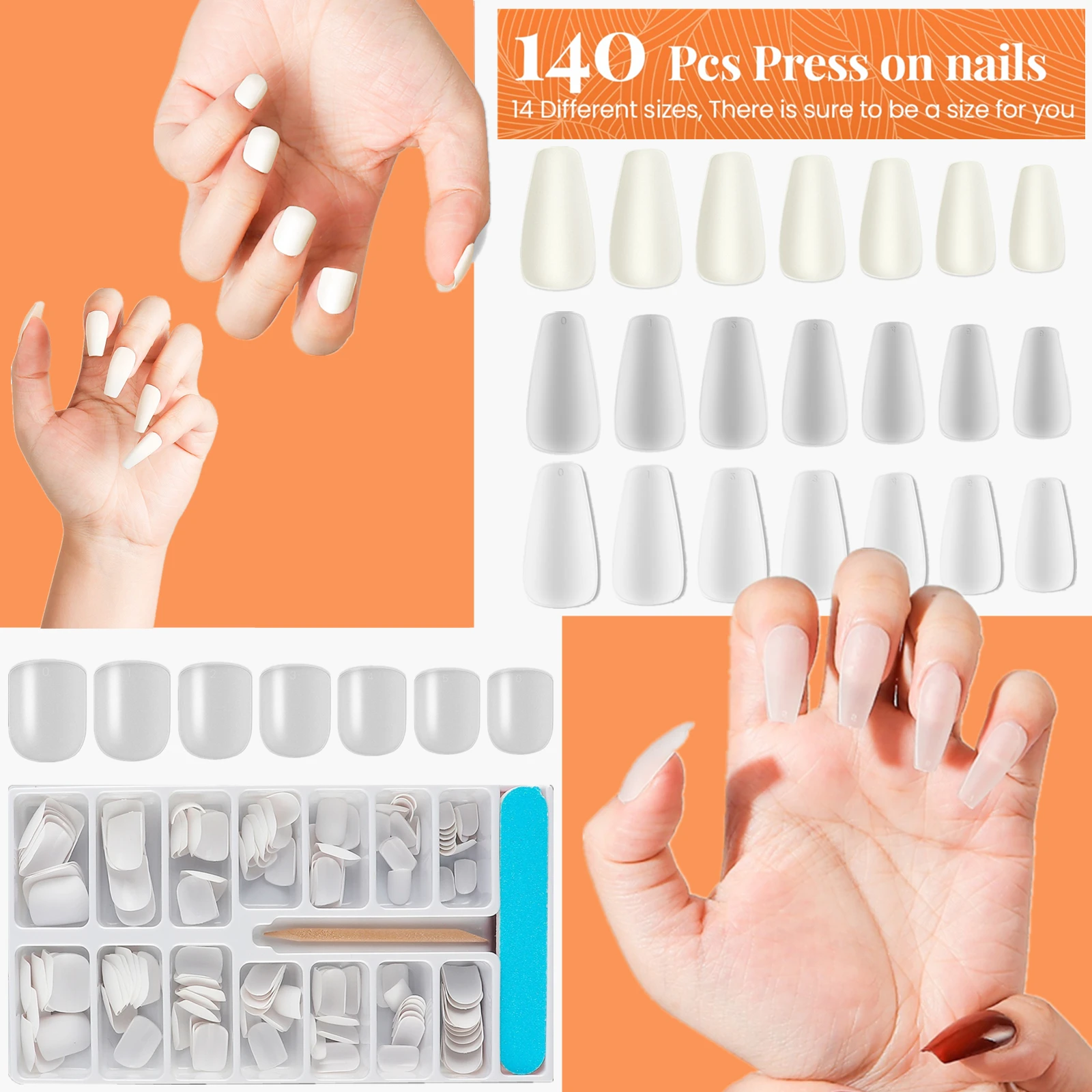 

140Pcs 14 Sizes Frosted Extension False Nail Tips Full Cover Long/Short Matte Tips Clear White Natural UV Gel Nail Art Practice