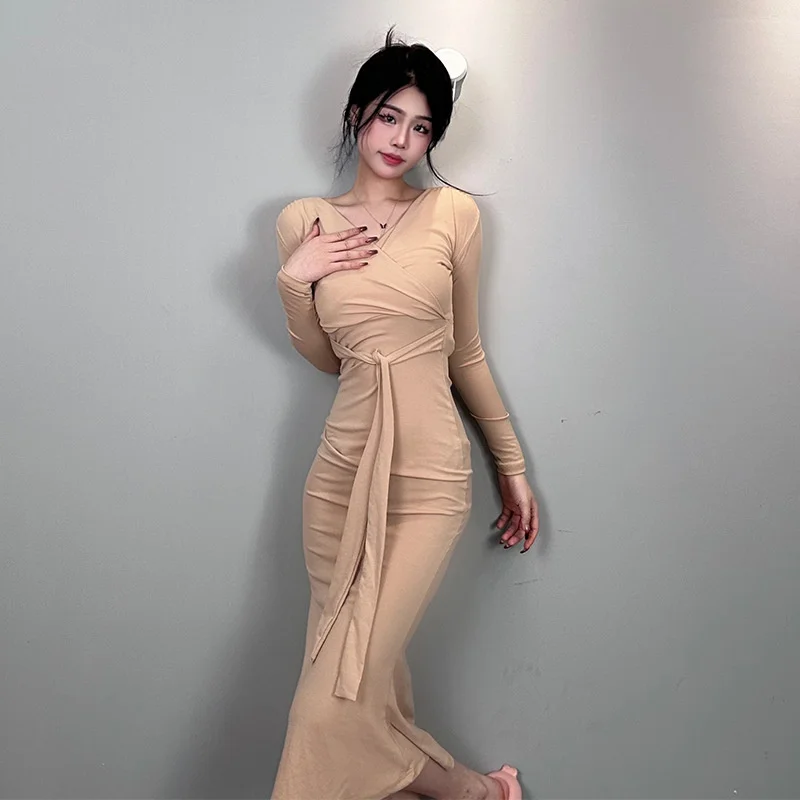 

Korea Lace Up Sweet Hgih Waist Slim Sexy Elegant V-Neck Long Sleeve Long Dress For Women Fashion Women Tops Sweet 64MI