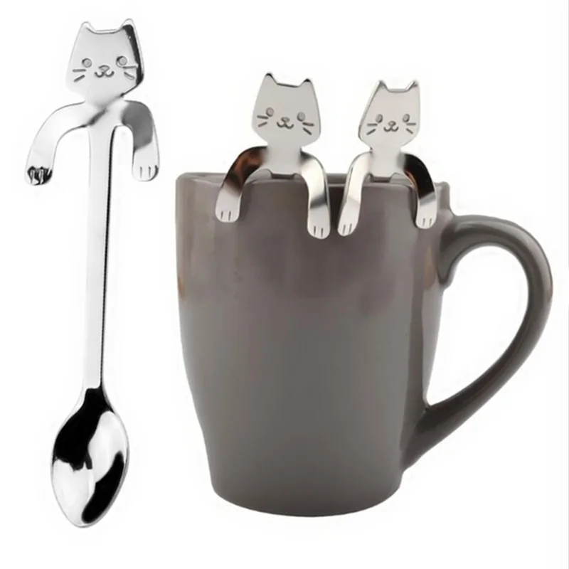 

Кофейная ложка из нержавеющей стали, милая чайная ложка в форме кошки, десертная ложка для закуски, мороженое, столовая посуда, кухонные инс...