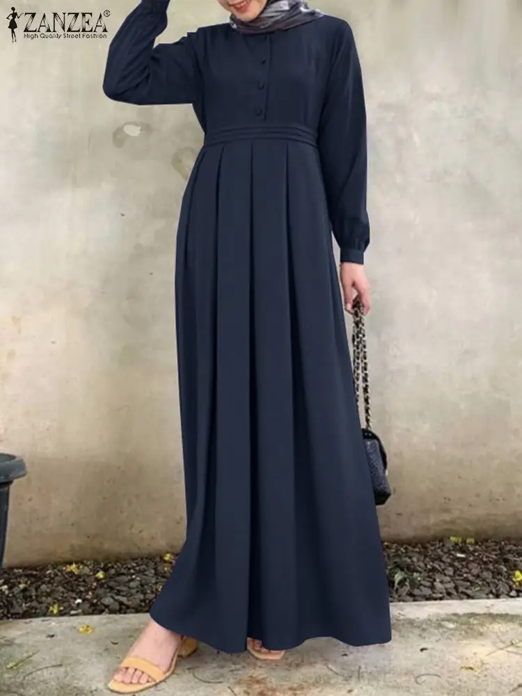 Весеннее однотонное мусульманское женское платье ZANZEA с длинным рукавом и круглым вырезом, кафтан на пуговицах, исламский халат, элегантный ...