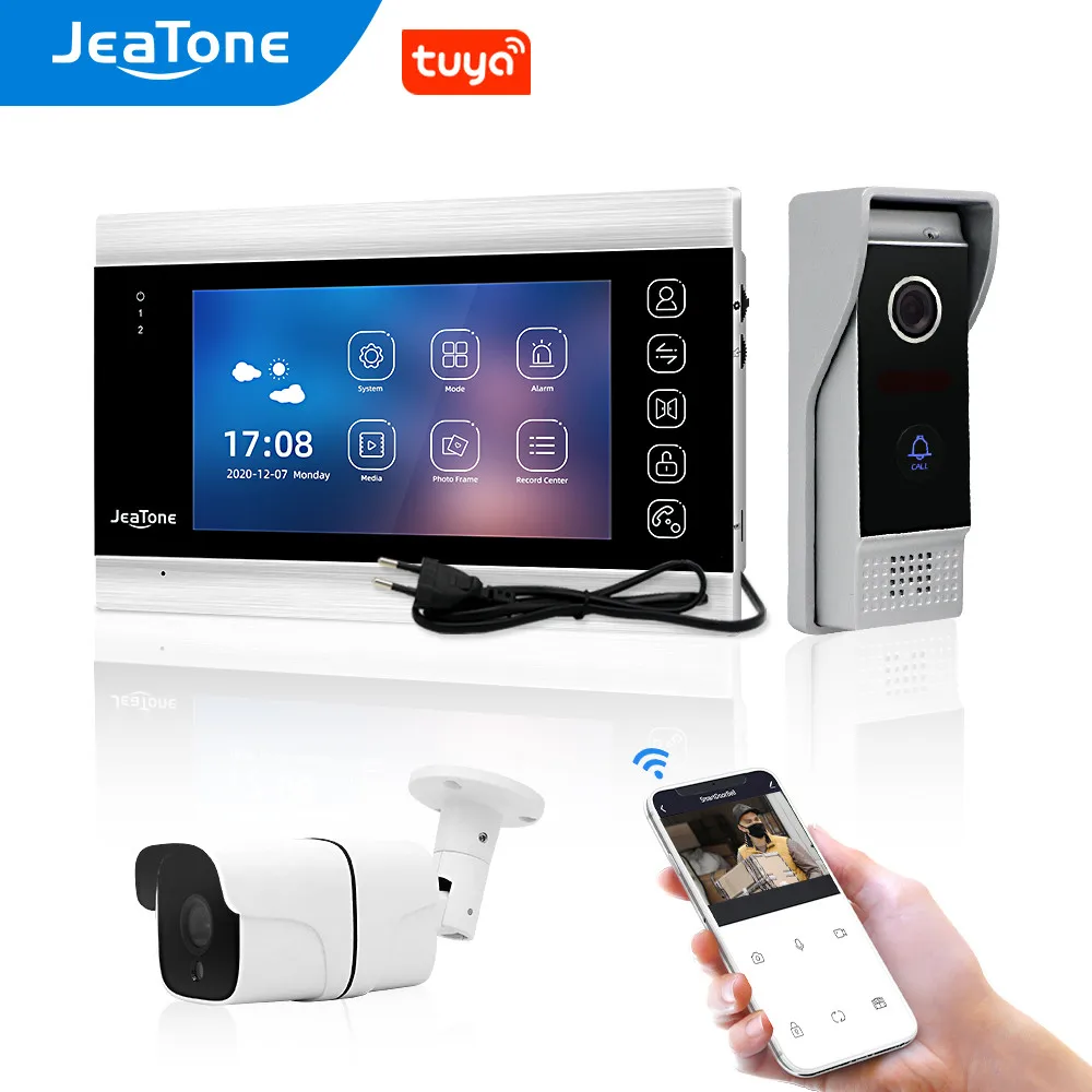 Jeatone 720P/AHD Tuya WiFi Home Video Door Phone Intercom System 110° Outdoor Doorbell Cam with Motion Recording, Remore Unlock