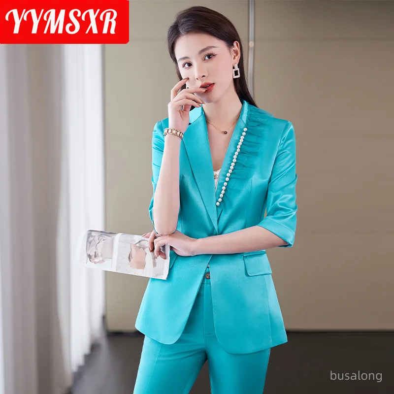 S-4XL 2022 Spring and Summer New Mid-sleeve Professional Wear Women Trousers and Pants Two-piece Set Fashion Slim Ladies Jacket