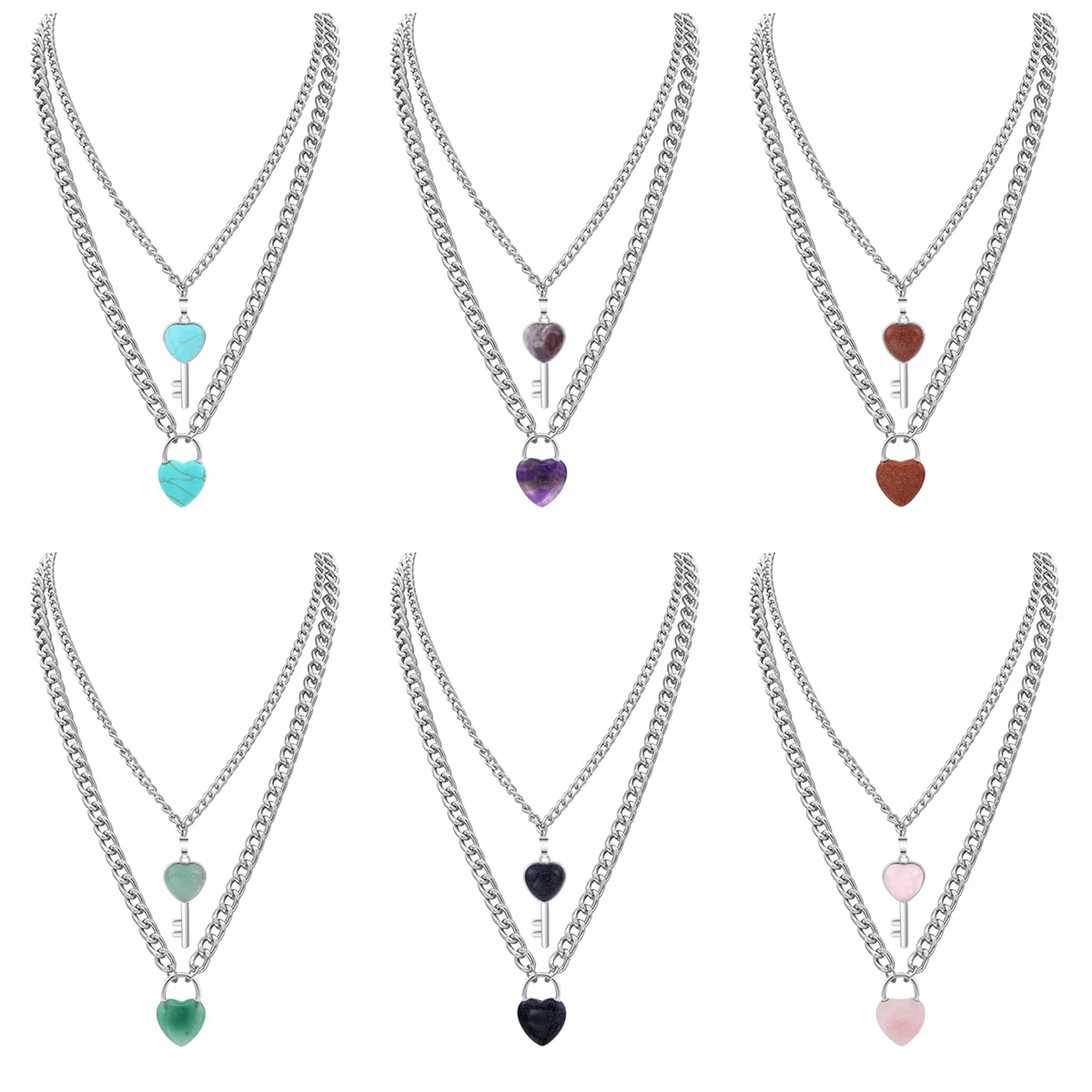 

Natural Stone Heart Lock Key Pendant Set Necklace Statement Punk Hip Hop Multilayer Chain Choker Jewelry for Women Girl Men Boy