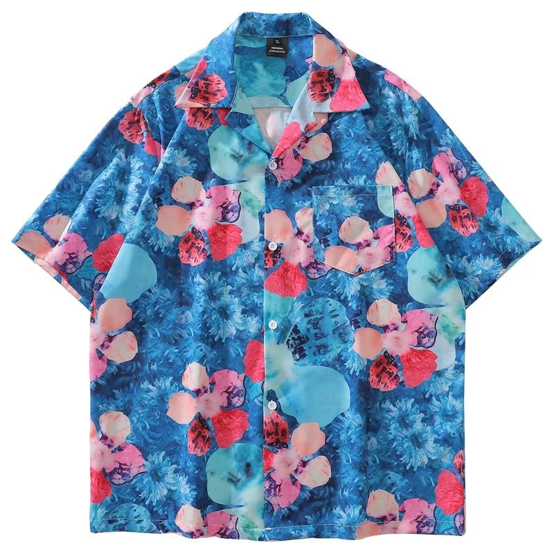 

Hip Hop Oil Painting Flower Beach Button Up Shirt Men Women Summer Hawaiian Tops Aesthetic Goth Blouses Loose Casual Tee Tops